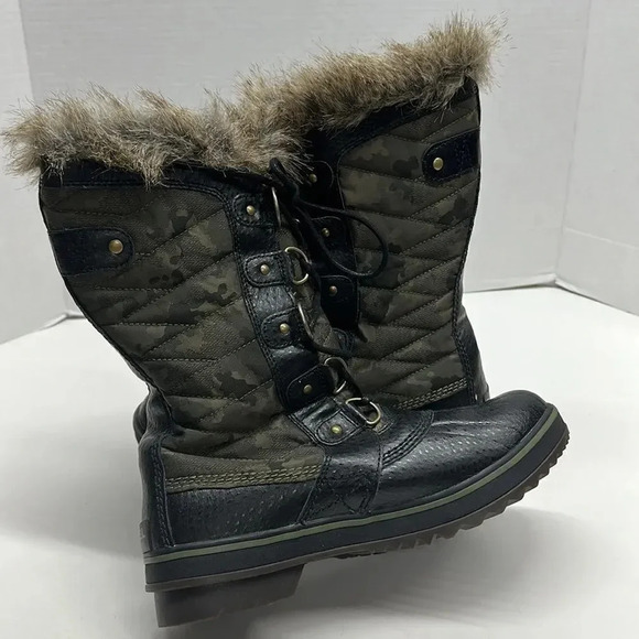 Sorel Tofino II Faux Fur Waterproof Lace Up Snow Winter Boots Camo Green Size 8 - Picture 6 of 9